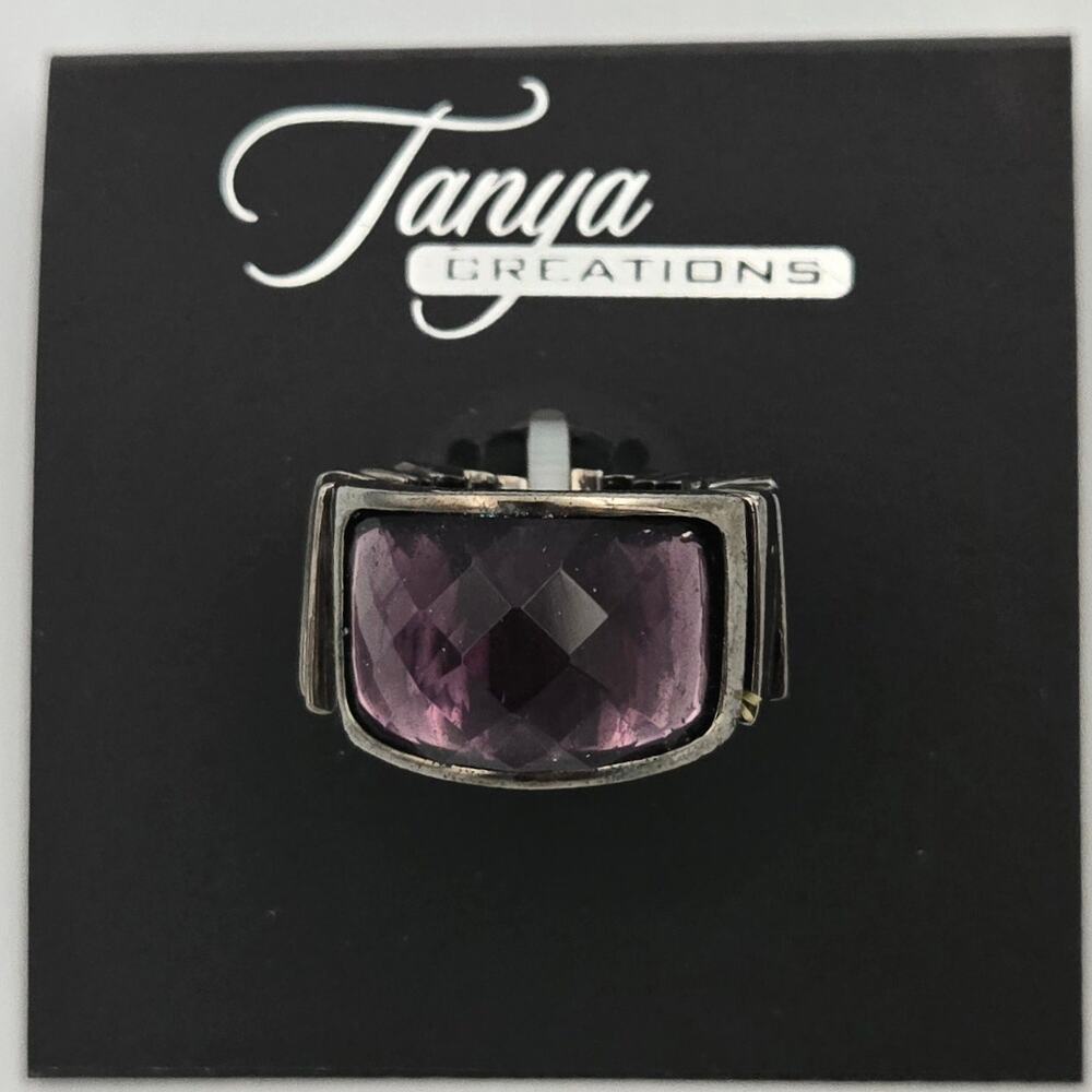 Tanya Creations Large Purple Rhinestone and Silver Toned Stretchy Band Ring